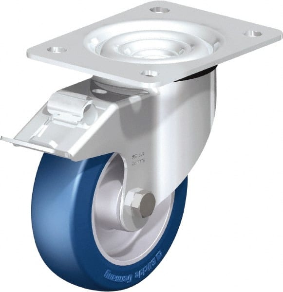 Blickle - 5" Diam x 1-37/64" Wide x 6-7/64" OAH Top Plate Mount Swivel Caster with Brake - Polyurethane-Elastomer Blickle Besthane, 770 Lb Capacity, Ball Bearing, 5-1/2 x 4-3/8" Plate - Exact Tooling