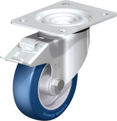 Blickle - 5" Diam x 1-37/64" Wide x 6-7/64" OAH Top Plate Mount Swivel Caster with Brake - Polyurethane-Elastomer Blickle Besthane, 770 Lb Capacity, Ball Bearing, 5-1/2 x 4-3/8" Plate - Exact Tooling