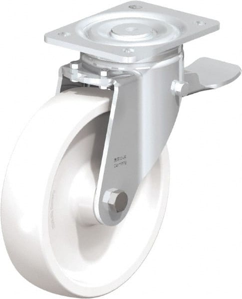 Blickle - 8" Diam x 1-31/32" Wide x 9-41/64" OAH Top Plate Mount Swivel Caster with Brake - Impact-Resistant Nylon, 1,980 Lb Capacity, Plain Bore Bearing, 5-1/2 x 4-3/8" Plate - Exact Tooling