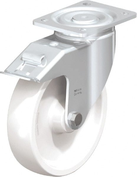 Blickle - 8" Diam x 1-31/32" Wide x 9-41/64" OAH Top Plate Mount Swivel Caster with Brake - Impact-Resistant Nylon, 1,980 Lb Capacity, Plain Bore Bearing, 5-1/2 x 4-3/8" Plate - Exact Tooling