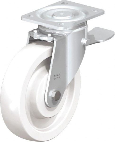 Blickle - 8" Diam x 1-31/32" Wide x 9-41/64" OAH Top Plate Mount Swivel Caster with Brake - Impact-Resistant Nylon, 1,980 Lb Capacity, Ball Bearing, 5-1/2 x 4-3/8" Plate - Exact Tooling