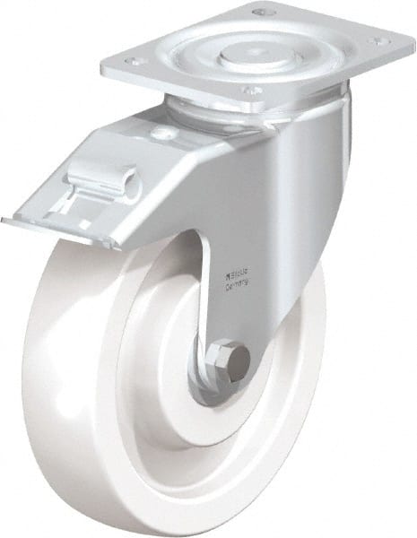 Blickle - 8" Diam x 1-31/32" Wide x 9-41/64" OAH Top Plate Mount Swivel Caster with Brake - Impact-Resistant Nylon, 1,980 Lb Capacity, Ball Bearing, 5-1/2 x 4-3/8" Plate - Exact Tooling