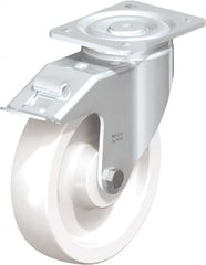 Blickle - 8" Diam x 1-31/32" Wide x 9-41/64" OAH Top Plate Mount Swivel Caster with Brake - Impact-Resistant Nylon, 1,980 Lb Capacity, Plain Bore Bearing, 5-1/2 x 4-3/8" Plate - Exact Tooling