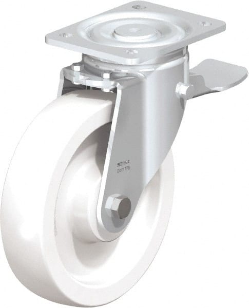 Blickle - 8" Diam x 1-31/32" Wide x 9-41/64" OAH Top Plate Mount Swivel Caster with Brake - Impact-Resistant Nylon, 1,980 Lb Capacity, Plain Bore Bearing, 5-1/2 x 4-3/8" Plate - Exact Tooling