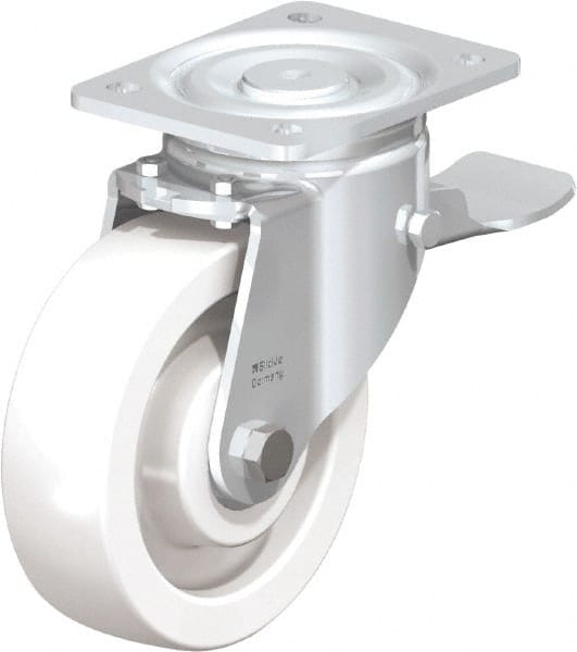 Blickle - 6-1/2" Diam x 1-31/32" Wide x 7-3/4" OAH Top Plate Mount Swivel Caster with Brake - Impact-Resistant Nylon, 1,870 Lb Capacity, Ball Bearing, 5-1/2 x 4-3/8" Plate - Exact Tooling