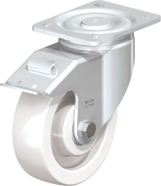 Blickle - 6-1/2" Diam x 1-31/32" Wide x 7-3/4" OAH Top Plate Mount Swivel Caster with Brake - Impact-Resistant Nylon, 1,870 Lb Capacity, Ball Bearing, 5-1/2 x 4-3/8" Plate - Exact Tooling