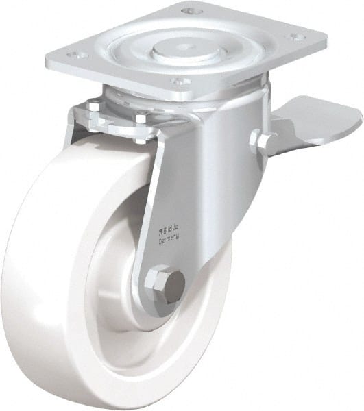 Blickle - 6-1/2" Diam x 1-31/32" Wide x 7-3/4" OAH Top Plate Mount Swivel Caster with Brake - Impact-Resistant Nylon, 1,870 Lb Capacity, Plain Bore Bearing, 5-1/2 x 4-3/8" Plate - Exact Tooling