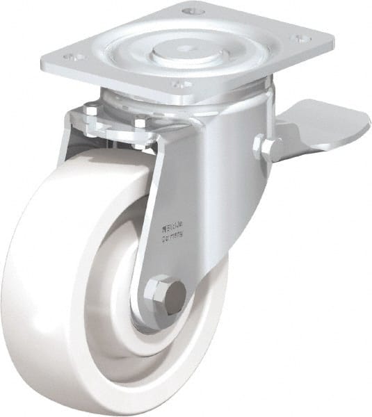 Blickle - 6" Diam x 1-31/32" Wide x 7-3/4" OAH Top Plate Mount Swivel Caster with Brake - Impact-Resistant Nylon, 1,760 Lb Capacity, Ball Bearing, 5-1/2 x 4-3/8" Plate - Exact Tooling