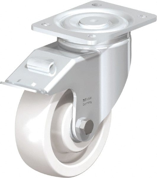 Blickle - 6" Diam x 1-31/32" Wide x 7-3/4" OAH Top Plate Mount Swivel Caster with Brake - Impact-Resistant Nylon, 1,760 Lb Capacity, Ball Bearing, 5-1/2 x 4-3/8" Plate - Exact Tooling