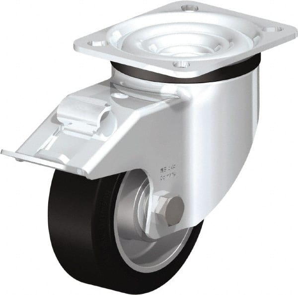 Blickle - 4" Diam x 1-37/64" Wide x 5-7/64" OAH Top Plate Mount Swivel Caster with Brake - Solid Rubber, 440 Lb Capacity, Ball Bearing, 3-15/16 x 3-3/8" Plate - Exact Tooling