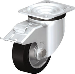 Blickle - 4" Diam x 1-37/64" Wide x 5-7/64" OAH Top Plate Mount Swivel Caster with Brake - Solid Rubber, 440 Lb Capacity, Ball Bearing, 3-15/16 x 3-3/8" Plate - Exact Tooling