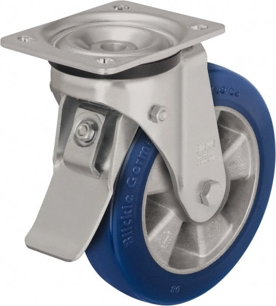 Blickle - 5" Diam x 2-1/8" Wide x 6-11/16" OAH Top Plate Mount Swivel Caster with Brake - Polyurethane-Elastomer Blickle Besthane, 990 Lb Capacity, Ball Bearing, 5-1/2 x 4-3/8" Plate - Exact Tooling