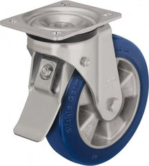 Blickle - 8" Diam x 1-31/32" Wide x 9-41/64" OAH Top Plate Mount Swivel Caster with Brake - Polyurethane-Elastomer Blickle Besthane, 1,320 Lb Capacity, Ball Bearing, 5-1/2 x 4-3/8" Plate - Exact Tooling