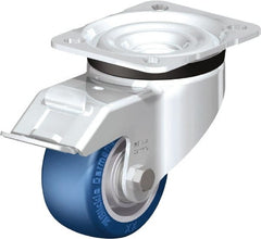Blickle - 3" Diam x 1-37/64" Wide x 4-21/64" OAH Top Plate Mount Swivel Caster with Brake - Polyurethane-Elastomer Blickle Besthane, 506 Lb Capacity, Ball Bearing, 3-15/16 x 3-3/8" Plate - Exact Tooling