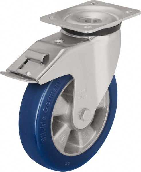 Blickle - 8" Diam x 1-31/32" Wide x 9-41/64" OAH Top Plate Mount Swivel Caster with Brake - Polyurethane-Elastomer Blickle Besthane, 1,320 Lb Capacity, Ball Bearing, 5-1/2 x 4-3/8" Plate - Exact Tooling