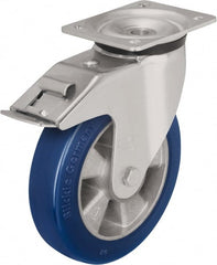 Blickle - 8" Diam x 1-31/32" Wide x 9-41/64" OAH Top Plate Mount Swivel Caster with Brake - Polyurethane-Elastomer Blickle Besthane, 1,320 Lb Capacity, Ball Bearing, 5-1/2 x 4-3/8" Plate - Exact Tooling