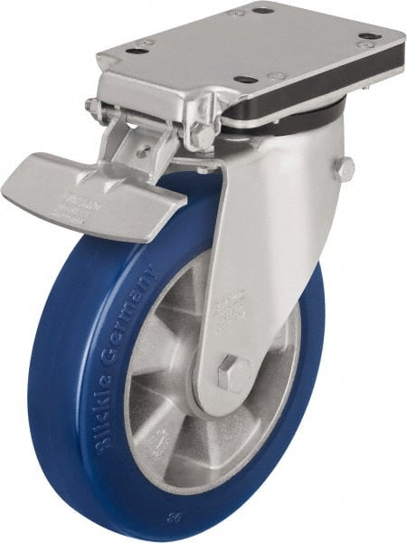 Blickle - 8" Diam x 1-31/32" Wide x 10-5/16" OAH Top Plate Mount Swivel Caster with Brake - Polyurethane-Elastomer Blickle Besthane, 1,320 Lb Capacity, Ball Bearing, 5-1/2 x 4-3/8" Plate - Exact Tooling