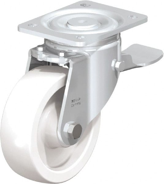 Blickle - 6" Diam x 1-31/32" Wide x 7-3/4" OAH Top Plate Mount Swivel Caster with Brake - Impact-Resistant Nylon, 1,760 Lb Capacity, Plain Bore Bearing, 5-1/2 x 4-3/8" Plate - Exact Tooling
