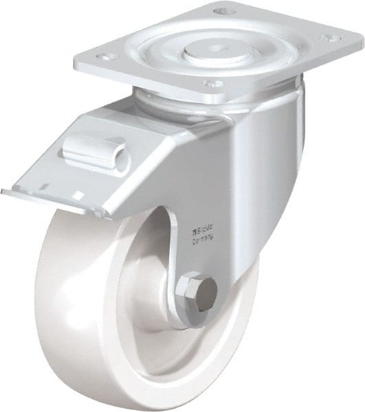 Blickle - 6" Diam x 1-31/32" Wide x 7-3/4" OAH Top Plate Mount Swivel Caster with Brake - Impact-Resistant Nylon, 1,760 Lb Capacity, Plain Bore Bearing, 5-1/2 x 4-3/8" Plate - Exact Tooling