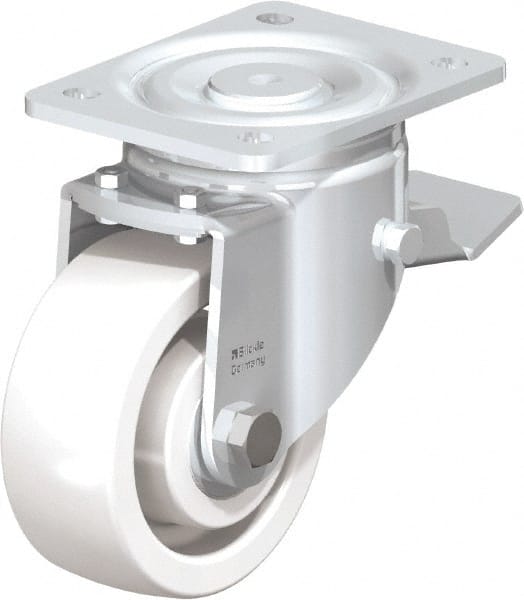 Blickle - 5" Diam x 1-31/32" Wide x 6-11/16" OAH Top Plate Mount Swivel Caster with Brake - Impact-Resistant Nylon, 1,650 Lb Capacity, Ball Bearing, 5-1/2 x 4-3/8" Plate - Exact Tooling
