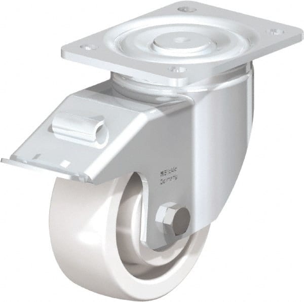 Blickle - 5" Diam x 1-31/32" Wide x 6-11/16" OAH Top Plate Mount Swivel Caster with Brake - Impact-Resistant Nylon, 1,650 Lb Capacity, Ball Bearing, 5-1/2 x 4-3/8" Plate - Exact Tooling