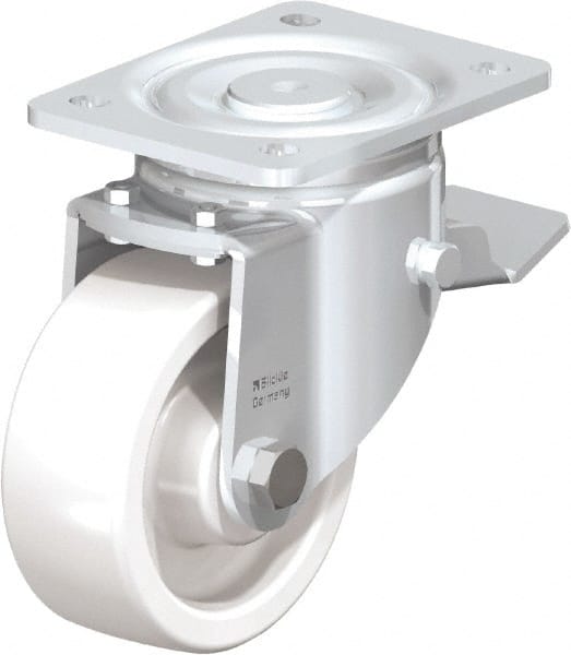 Blickle - 5" Diam x 1-31/32" Wide x 6-11/16" OAH Top Plate Mount Swivel Caster with Brake - Impact-Resistant Nylon, 1,650 Lb Capacity, Plain Bore Bearing, 5-1/2 x 4-3/8" Plate - Exact Tooling