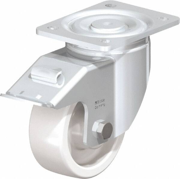 Blickle - 5" Diam x 1-31/32" Wide x 6-11/16" OAH Top Plate Mount Swivel Caster with Brake - Impact-Resistant Nylon, 1,650 Lb Capacity, Plain Bore Bearing, 5-1/2 x 4-3/8" Plate - Exact Tooling