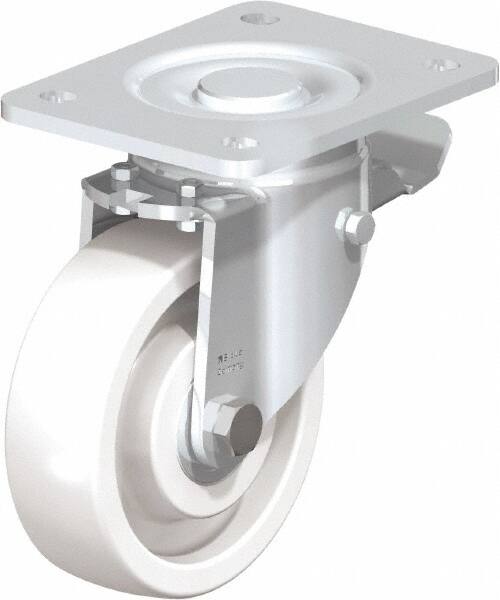 Blickle - 5" Diam x 1-29/64" Wide x 6-1/2" OAH Top Plate Mount Swivel Caster with Brake - Impact-Resistant Nylon, 1,540 Lb Capacity, Ball Bearing, 5-1/2 x 4-3/8" Plate - Exact Tooling