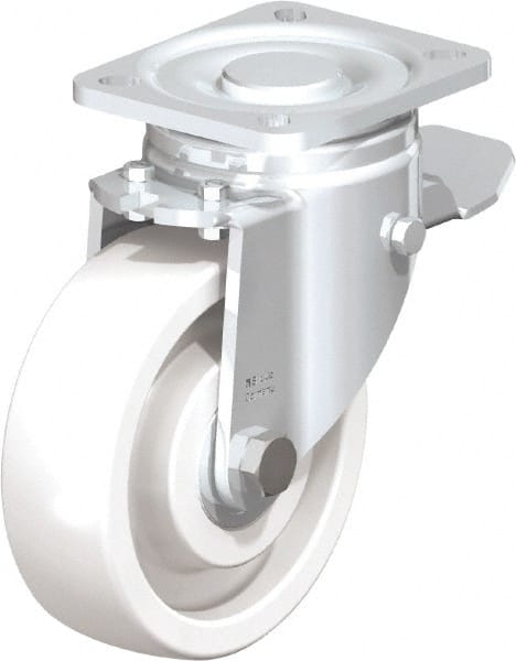 Blickle - 5" Diam x 1-29/64" Wide x 6-1/2" OAH Top Plate Mount Swivel Caster with Brake - Impact-Resistant Nylon, 1,540 Lb Capacity, Ball Bearing, 3-15/16 x 3-3/8" Plate - Exact Tooling