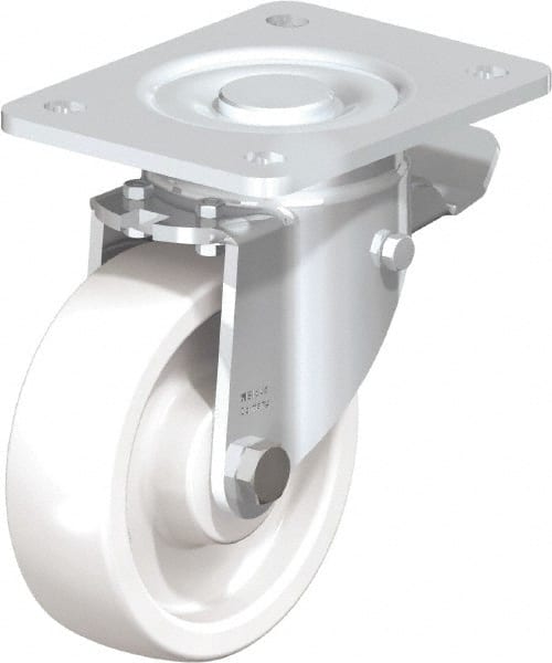 Blickle - 5" Diam x 1-29/64" Wide x 6-1/2" OAH Top Plate Mount Swivel Caster with Brake - Impact-Resistant Nylon, 1,540 Lb Capacity, Plain Bore Bearing, 5-1/2 x 4-3/8" Plate - Exact Tooling