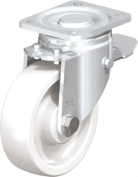Blickle - 5" Diam x 1-29/64" Wide x 6-1/2" OAH Top Plate Mount Swivel Caster with Brake - Impact-Resistant Nylon, 1,540 Lb Capacity, Plain Bore Bearing, 3-15/16 x 3-3/8" Plate - Exact Tooling