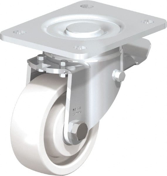 Blickle - 4" Diam x 1-29/64" Wide x 6-1/2" OAH Top Plate Mount Swivel Caster with Brake - Impact-Resistant Nylon, 1,100 Lb Capacity, Ball Bearing, 5-1/2 x 4-3/8" Plate - Exact Tooling