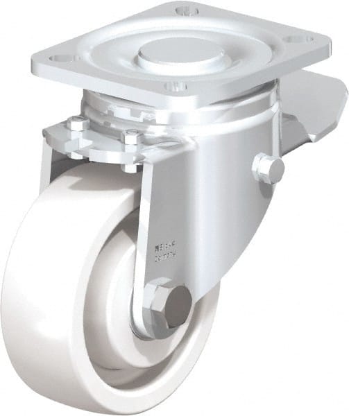 Blickle - 4" Diam x 1-29/64" Wide x 5-33/64" OAH Top Plate Mount Swivel Caster with Brake - Impact-Resistant Nylon, 1,100 Lb Capacity, Ball Bearing, 3-15/16 x 3-3/8" Plate - Exact Tooling
