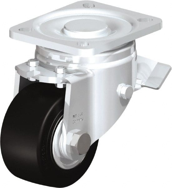 Blickle - 3" Diam x 1-49/64" Wide x 4-23/32" OAH Top Plate Mount Swivel Caster with Brake - Solid Rubber, 440 Lb Capacity, Ball Bearing, 3-15/16 x 3-3/8" Plate - Exact Tooling
