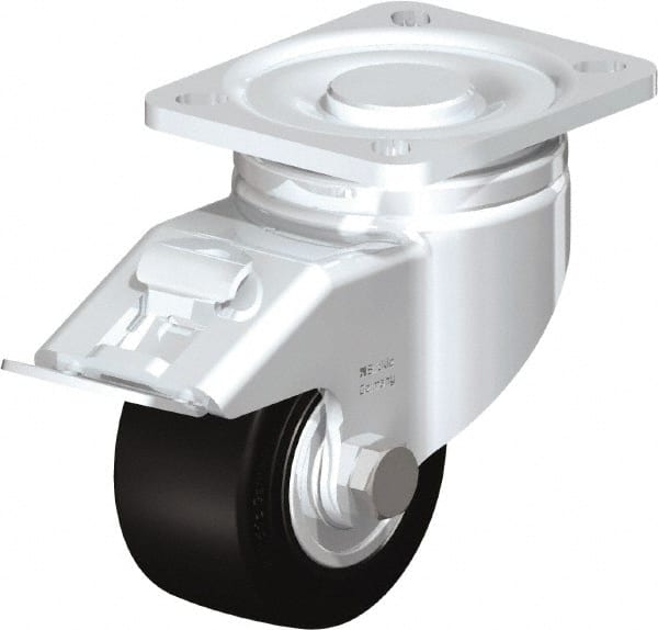 Blickle - 3" Diam x 1-49/64" Wide x 4-23/32" OAH Top Plate Mount Swivel Caster with Brake - Solid Rubber, 440 Lb Capacity, Ball Bearing, 3-15/16 x 3-3/8" Plate - Exact Tooling