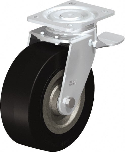 Blickle - 8" Diam x 3-9/64" Wide x 9-41/64" OAH Top Plate Mount Swivel Caster with Brake - Solid Rubber, 1,870 Lb Capacity, Ball Bearing, 5-1/2 x 4-3/8" Plate - Exact Tooling
