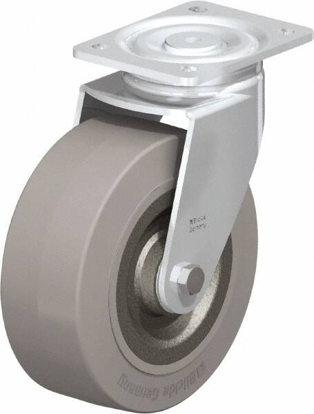 Blickle - 8" Diam x 3-9/64" Wide x 9-41/64" OAH Top Plate Mount Swivel Caster - Solid Rubber, 1,870 Lb Capacity, Ball Bearing, 5-1/2 x 4-3/8" Plate - Exact Tooling