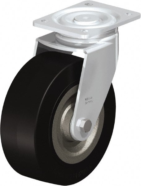 Blickle - 8" Diam x 3-9/64" Wide x 9-41/64" OAH Top Plate Mount Swivel Caster - Solid Rubber, 1,870 Lb Capacity, Ball Bearing, 5-1/2 x 4-3/8" Plate - Exact Tooling