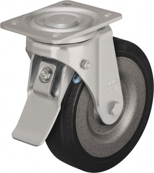 Blickle - 10" Diam x 2-23/64" Wide x 11-39/64" OAH Top Plate Mount Swivel Caster with Brake - Solid Rubber, 1,870 Lb Capacity, Ball Bearing, 5-1/2 x 4-3/8" Plate - Exact Tooling