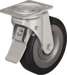 Blickle - 10" Diam x 2-23/64" Wide x 11-39/64" OAH Top Plate Mount Swivel Caster with Brake - Solid Rubber, 1,870 Lb Capacity, Ball Bearing, 5-1/2 x 4-3/8" Plate - Exact Tooling