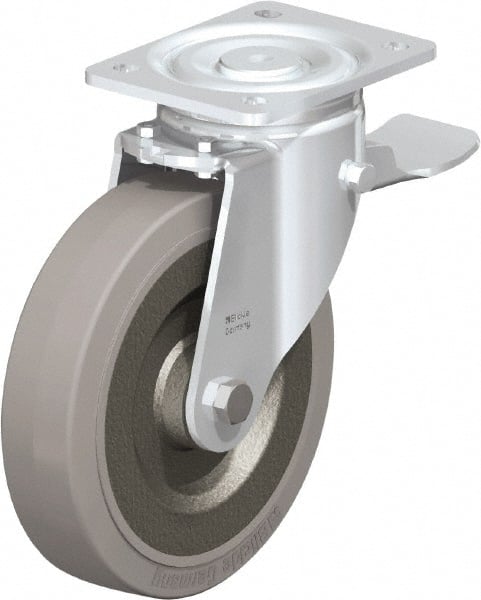 Blickle - 8" Diam x 1-31/32" Wide x 9-41/64" OAH Top Plate Mount Swivel Caster with Brake - Solid Rubber, 1,320 Lb Capacity, Ball Bearing, 5-1/2 x 4-3/8" Plate - Exact Tooling
