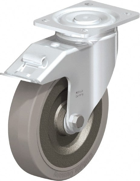 Blickle - 8" Diam x 1-31/32" Wide x 9-41/64" OAH Top Plate Mount Swivel Caster with Brake - Solid Rubber, 1,320 Lb Capacity, Ball Bearing, 5-1/2 x 4-3/8" Plate - Exact Tooling