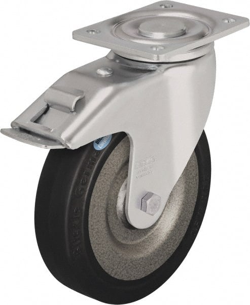 Blickle - 8" Diam x 1-31/32" Wide x 9-41/64" OAH Top Plate Mount Swivel Caster with Brake - Solid Rubber, 1,320 Lb Capacity, Ball Bearing, 5-1/2 x 4-3/8" Plate - Exact Tooling