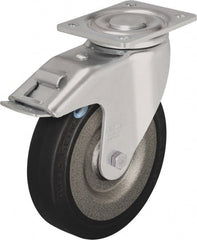 Blickle - 6-1/2" Diam x 1-31/32" Wide x 7-61/64" OAH Top Plate Mount Swivel Caster with Brake - Solid Rubber, 990 Lb Capacity, Ball Bearing, 5-1/2 x 4-3/8" Plate - Exact Tooling