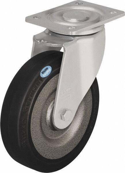 Blickle - 8" Diam x 1-31/32" Wide x 9-41/64" OAH Top Plate Mount Swivel Caster - Solid Rubber, 1,320 Lb Capacity, Ball Bearing, 5-1/2 x 4-3/8" Plate - Exact Tooling