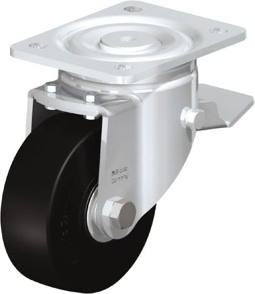 Blickle - 5" Diam x 1-31/32" Wide x 6-11/16" OAH Top Plate Mount Swivel Caster with Brake - Solid Rubber, 704 Lb Capacity, Ball Bearing, 5-1/2 x 4-3/8" Plate - Exact Tooling