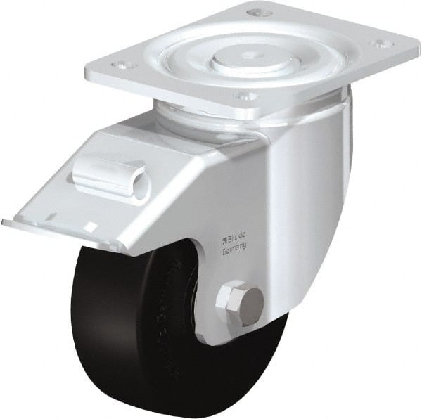 Blickle - 5" Diam x 1-31/32" Wide x 6-11/16" OAH Top Plate Mount Swivel Caster with Brake - Solid Rubber, 704 Lb Capacity, Ball Bearing, 5-1/2 x 4-3/8" Plate - Exact Tooling