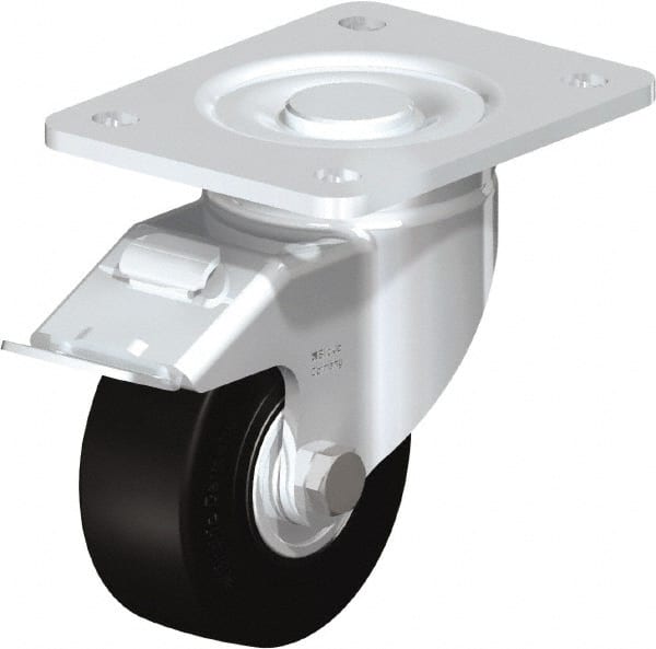 Blickle - 4" Diam x 1-49/64" Wide x 5-33/64" OAH Top Plate Mount Swivel Caster with Brake - Solid Rubber, 594 Lb Capacity, Ball Bearing, 5-1/2 x 4-3/8" Plate - Exact Tooling