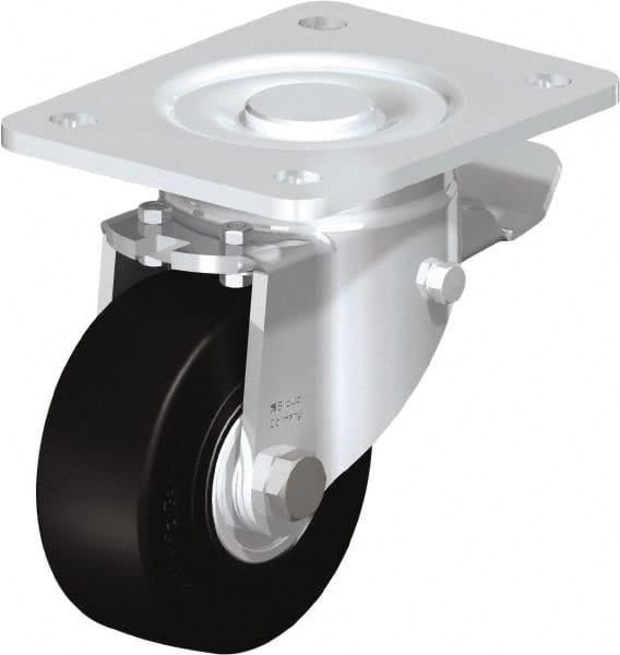 Blickle - 4" Diam x 1-49/64" Wide x 5-33/64" OAH Top Plate Mount Swivel Caster with Brake - Solid Rubber, 594 Lb Capacity, Ball Bearing, 5-1/2 x 4-3/8" Plate - Exact Tooling