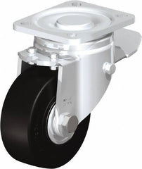 Blickle - 4" Diam x 1-49/64" Wide x 5-33/64" OAH Top Plate Mount Swivel Caster with Brake - Solid Rubber, 594 Lb Capacity, Ball Bearing, 3-15/16 x 3-3/8" Plate - Exact Tooling